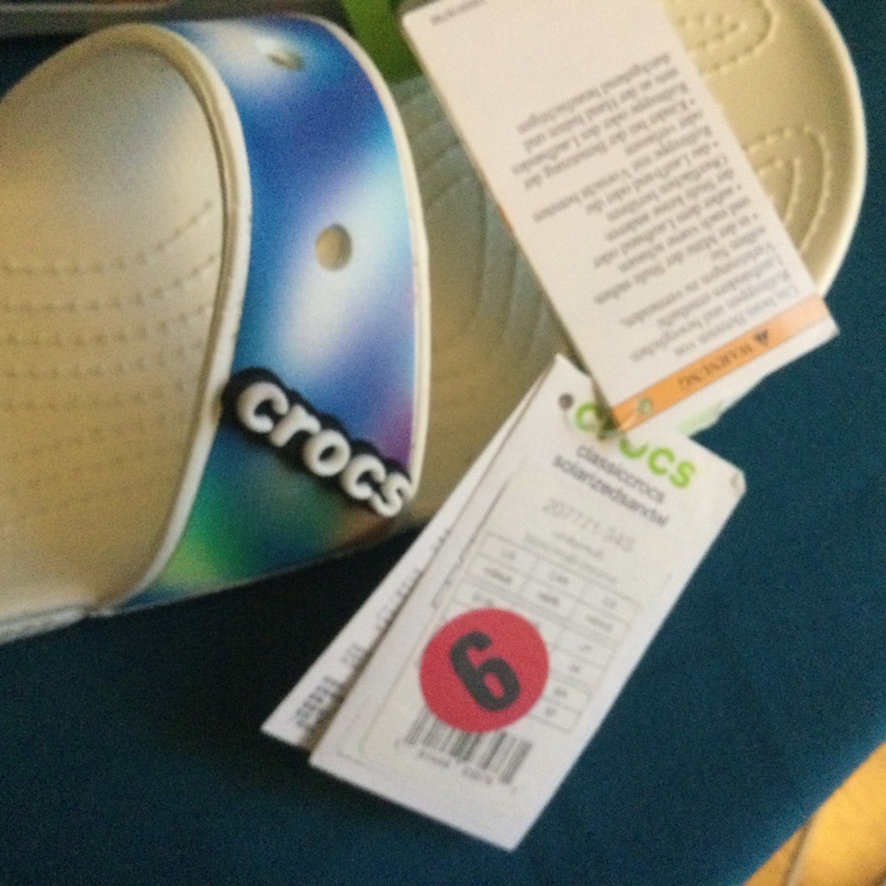 CROCS White Sandals with Iridescent Blue-Green Straps - Picture 9 of 10